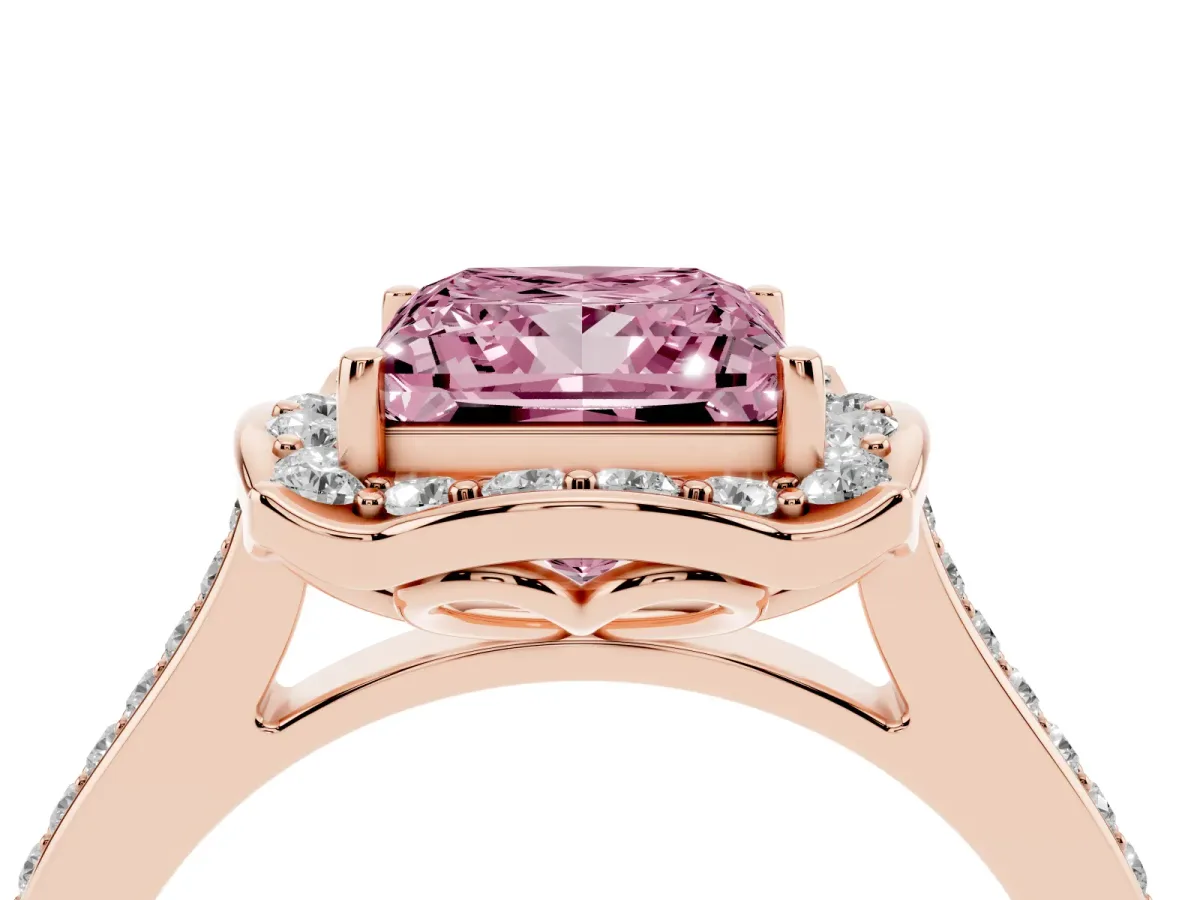 Fancy Pink Princess Cut Halo Round Diamond Pave Band with Four-Prong Setting Rose gold