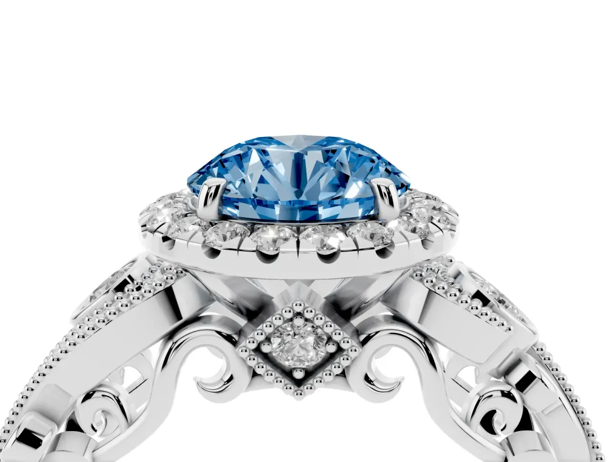 Fancy Blue Round Cut Halo Diamond Ring with Milgrain and Bezel Accents on a Split Shank Band White gold