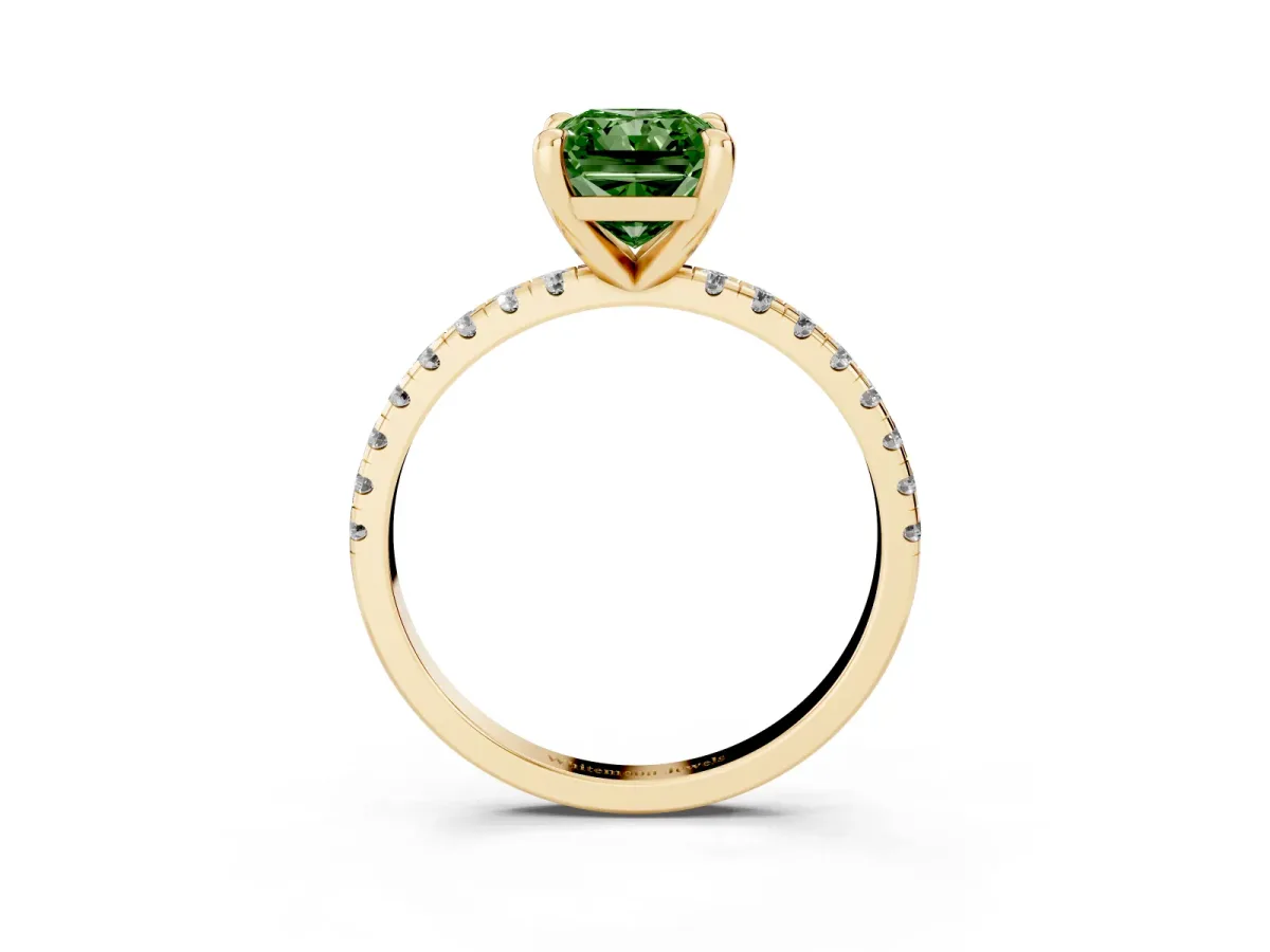 Fancy Green Radiant Cut Diamond Brilliant Solitaire Ring with Pavé Band and Four-Prong Setting Yellow gold