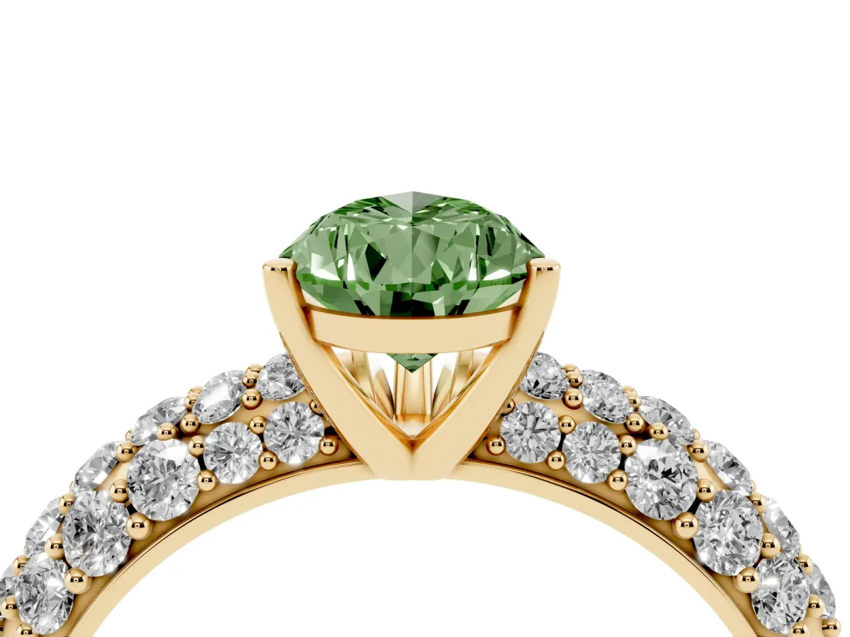 Fancy Green Pear Cut Diamond Pavé Band Solitaire Ring with Four-Prong Setting Yellow gold