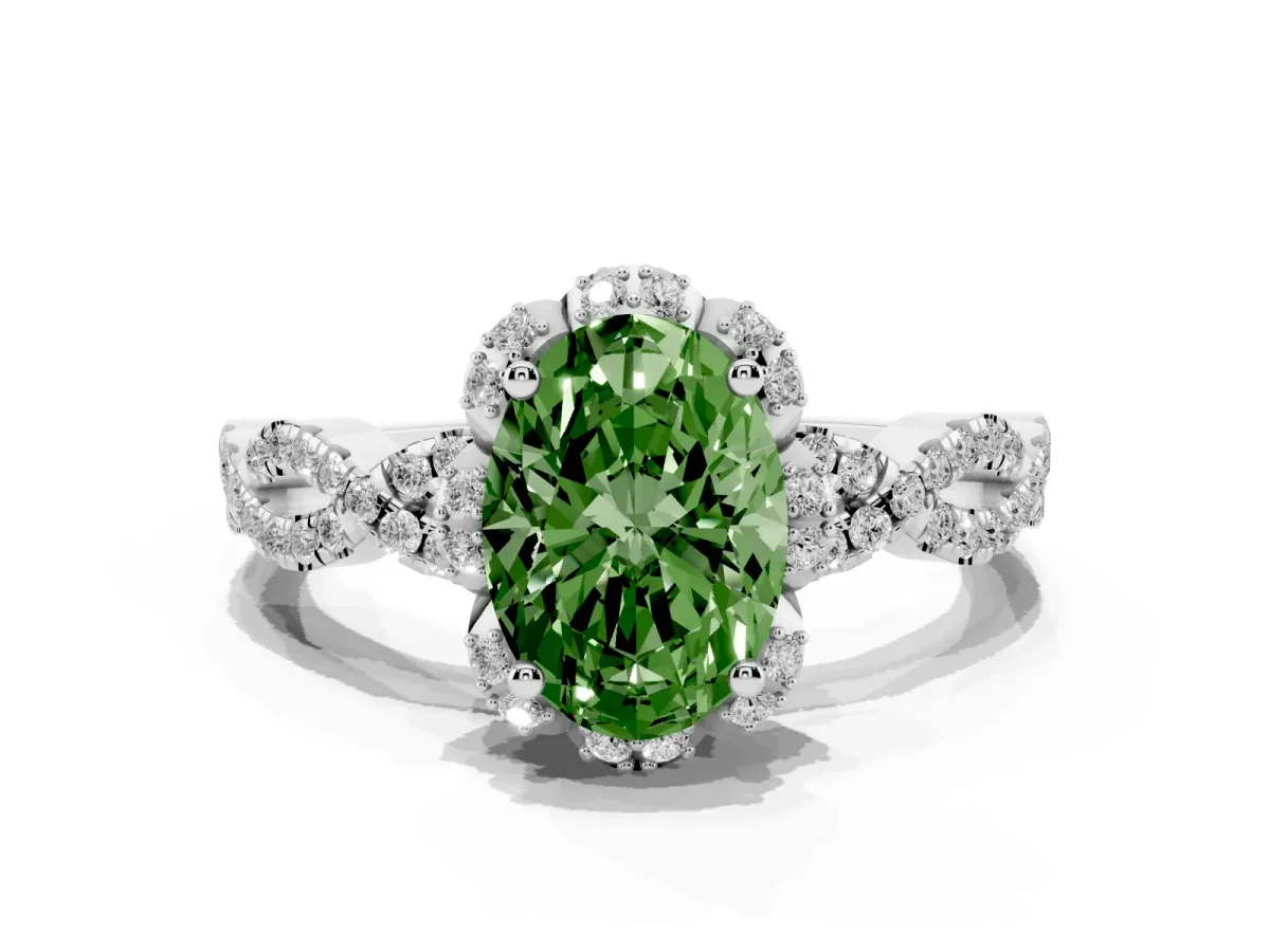 Fancy Green Oval Cut Halo Twist Band Solitaire Ring with Six-Prong Setting Silver