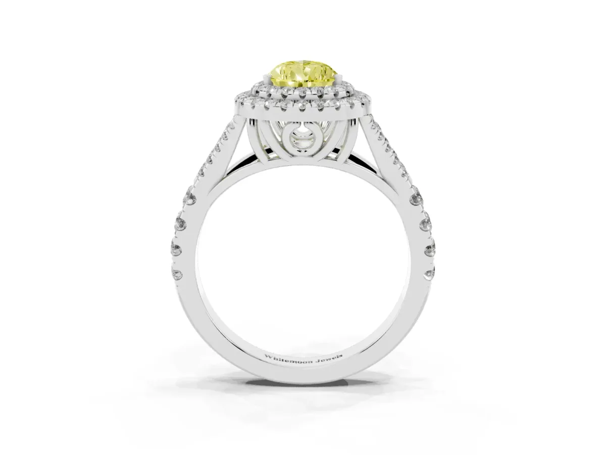 Fancy Yellow Pear Cut Cut Double Halo Split Shank Diamond Ring with Prong Setting Silver