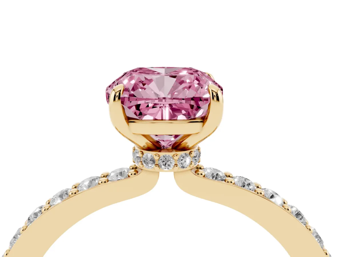 Fancy Pink Cushion Cut Diamond Solitaire Engagement Ring with Pavé Band and Four-Prong Setting Yellow gold