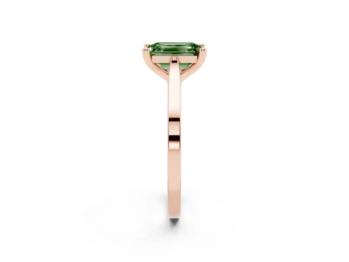 Fancy Green Emerald Cut Solitaire Diamond Ring with Four-Prong Setting and Tapered Band Rose gold