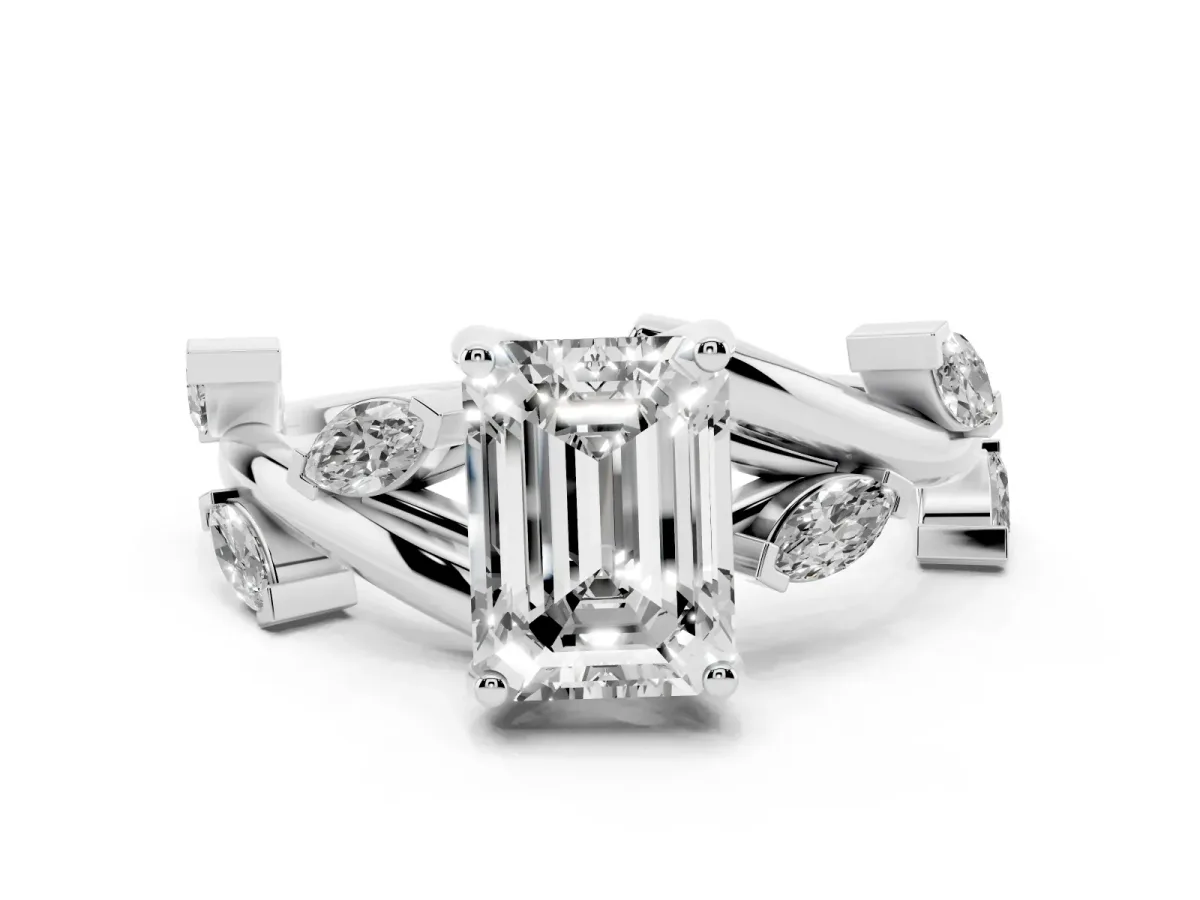 Emerald Cut Solitaire Twisted Band Marquise Accent Prong Setting Ring Silver