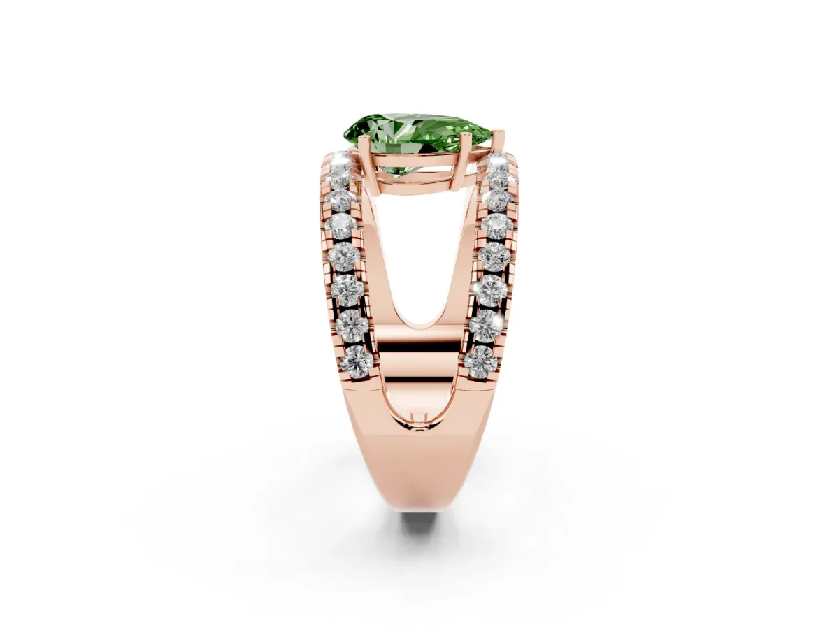 Fancy Green Pear Cut Solitaire Split Shank Pave Diamond Ring Rose gold