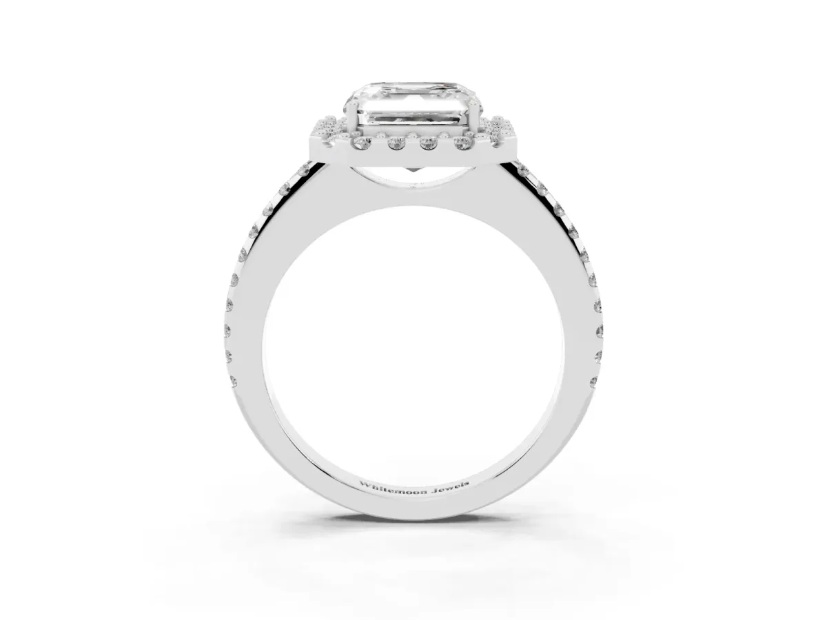 Asscher Cut Diamond Pavé Halo Ring with Four-Prong Setting Silver