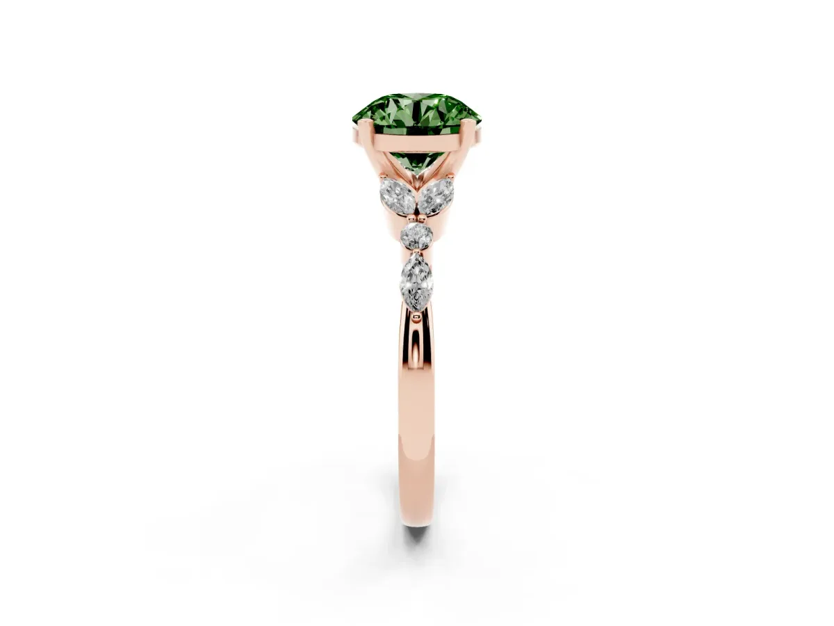 Fancy Green Round Cut Diamond Solitaire Ring with Side Stones and Four-Prong Setting Rose gold