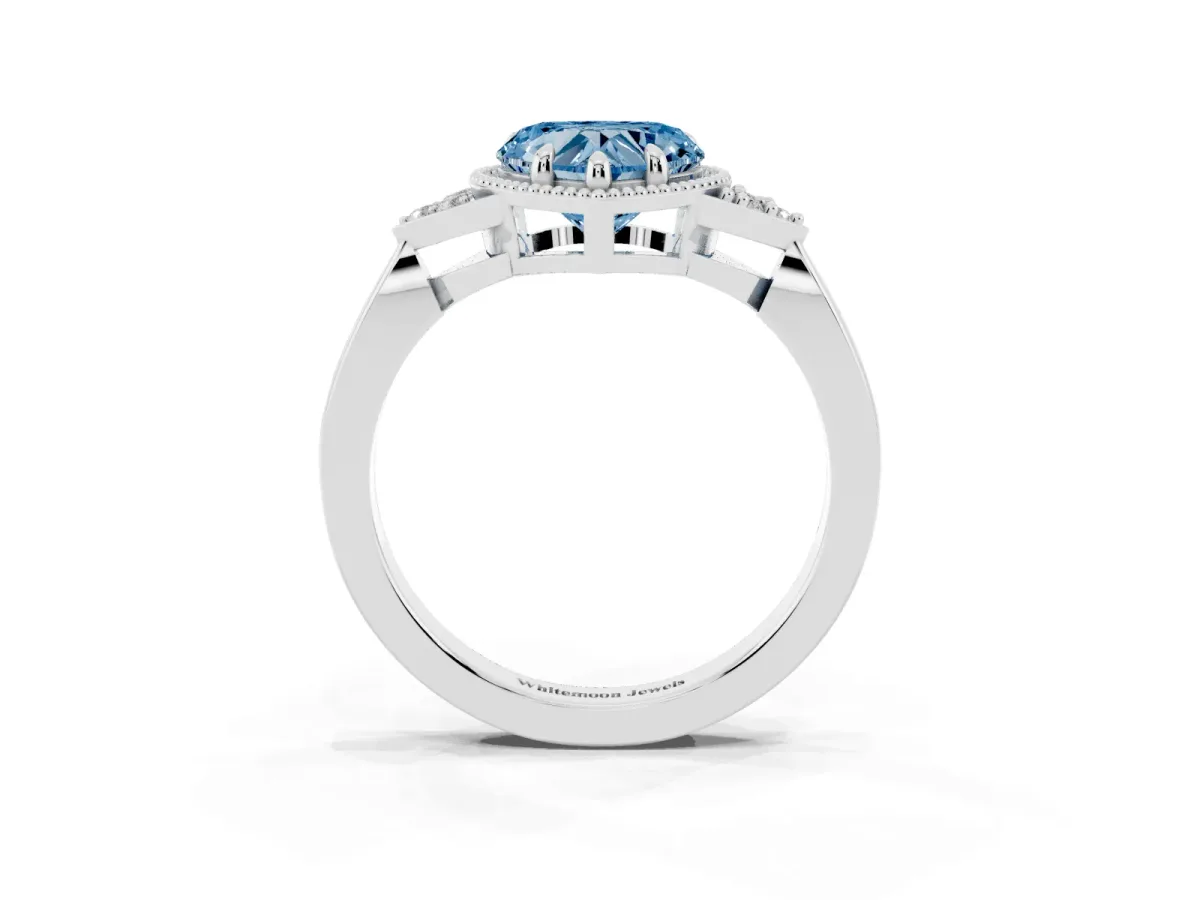 Fancy Blue Milgrain Heart Cut Cut Diamond Ring with Tapered Pave Band and Four Prong Setting Platinum