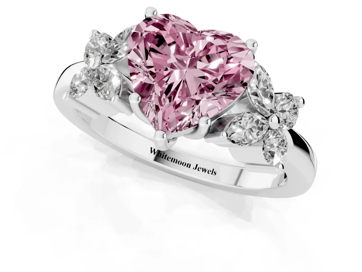 Fancy Pink Heart Cut Diamond Floral Cluster Ring with Solitaire Band and Prong Setting Platinum