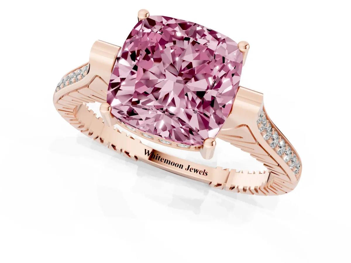 Fancy Pink Cushion Cut Solitaire Diamond Ring with Channel Set Band and Bezel Prong Setting Rose gold