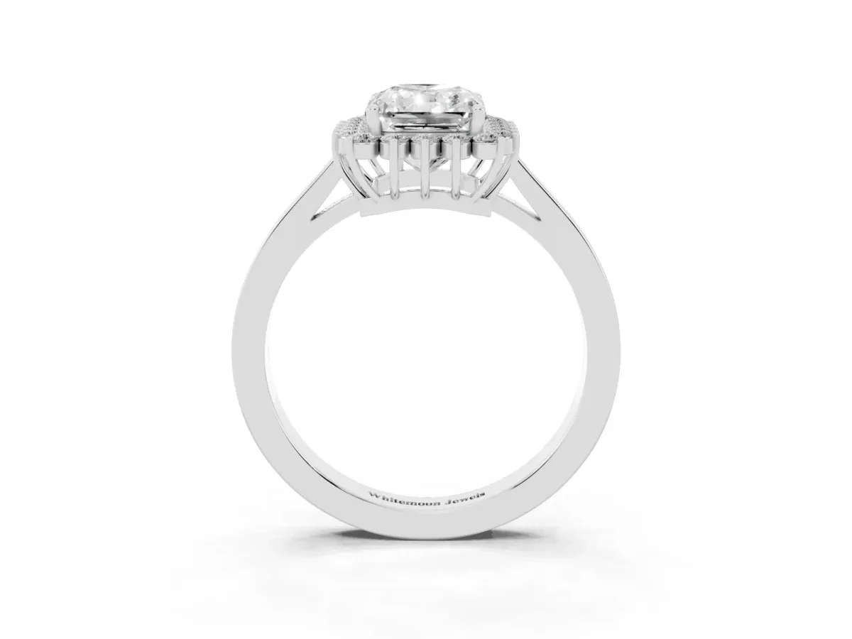 Radiant Cut Cut Diamond Halo Ring with Round Brilliant Halo and Solitaire Band Platinum