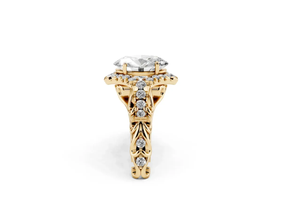 Oval Cut Diamond Solitaire Ring with Hidden Halo and Pavé Band Yellow gold