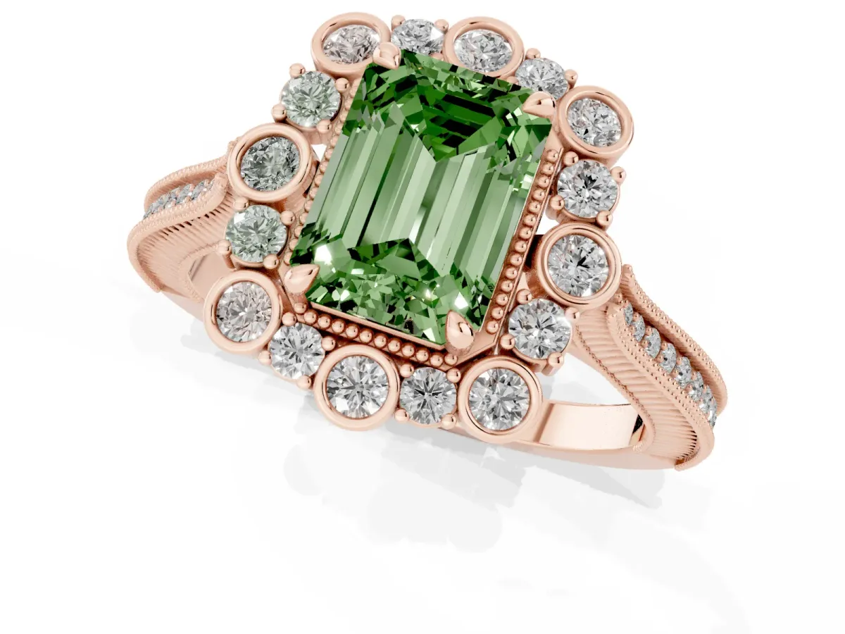 Fancy Green Emerald Cut Halo Milgrain Pave Diamond Ring with Four-Prong Setting Rose gold