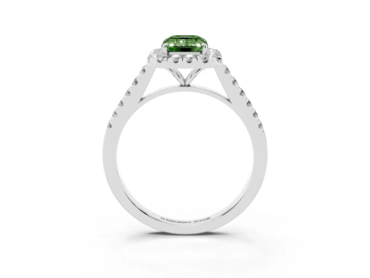Fancy Green Emerald Cut Halo Pave Diamond Engagement Ring with Four-Prong Setting Silver