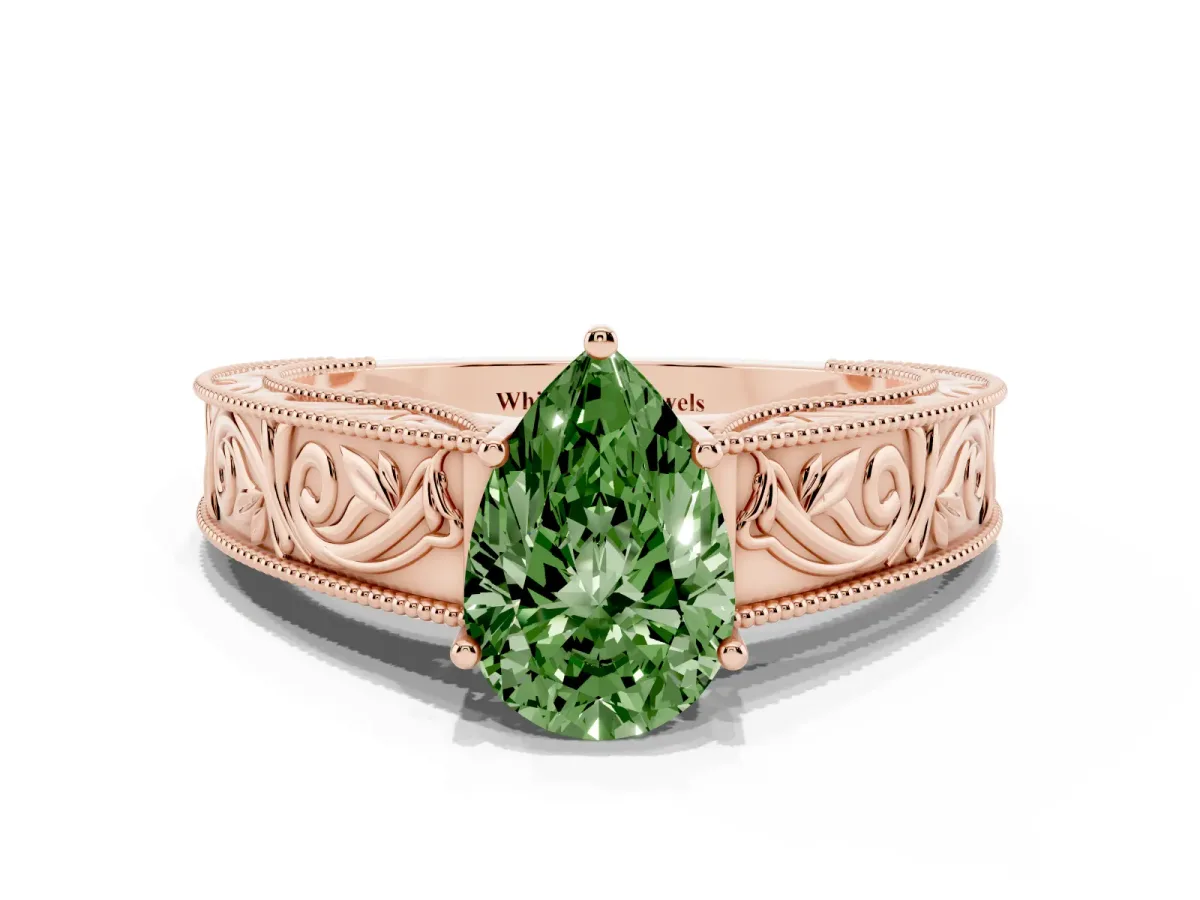 Fancy Green Pear Cut Diamond Solitaire Ring with Engraved Band and Four-Prong Setting Rose gold