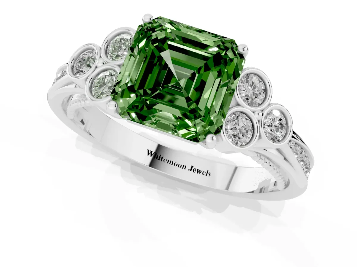 Fancy Green Asscher Cut Cut Diamond Engagement Ring with Bezel Set Round Side Stones and Prong Setting White gold