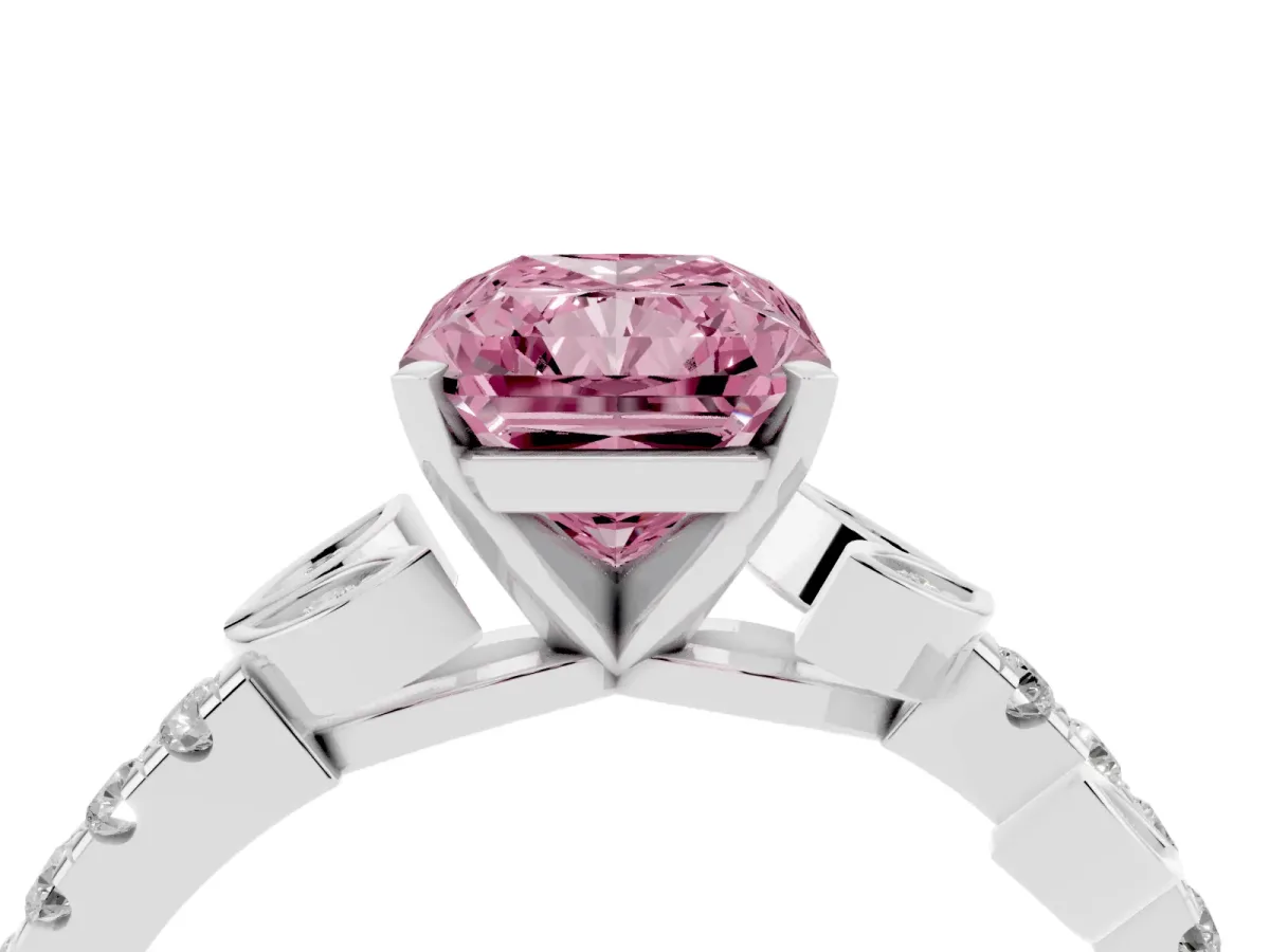 Fancy Pink Radiant Cut Solitaire Leaf-Inspired Diamond Ring with Pavé Band and Four-Prong Setting Silver
