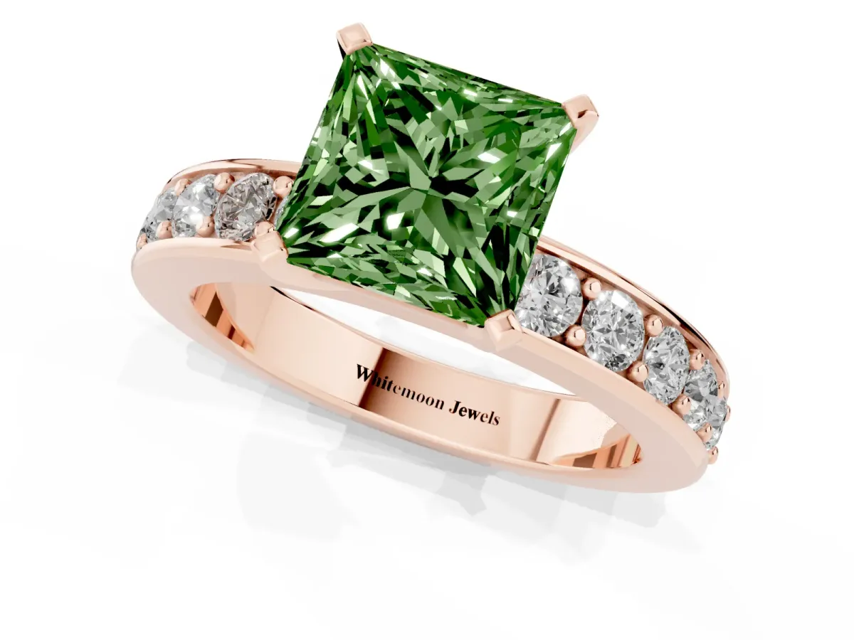 Fancy Green Princess Cut Diamond Engagement Ring with Channel Set Round Band and Prong Setting Rose gold