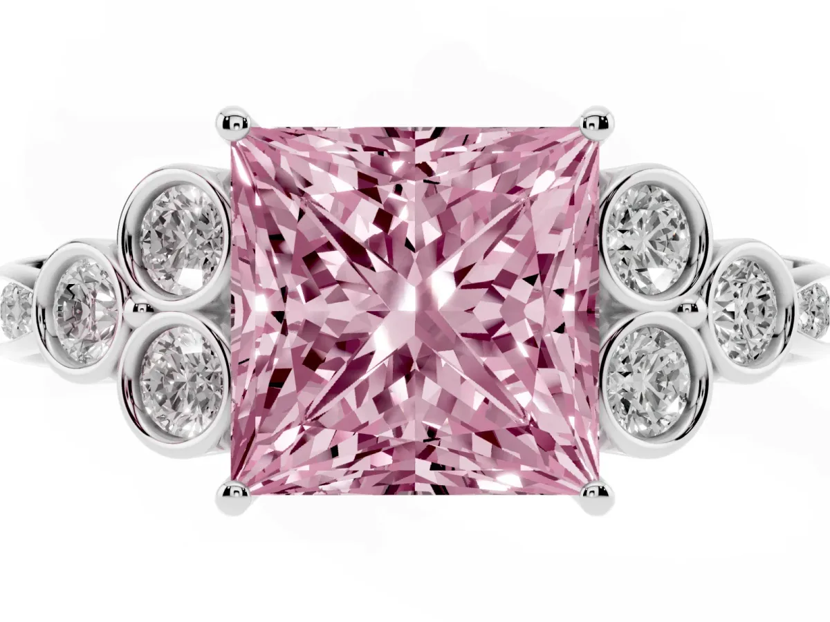 Fancy Pink Princess Cut Cut Diamond Engagement Ring with Bezel Set Round Side Stones and Prong Setting Silver
