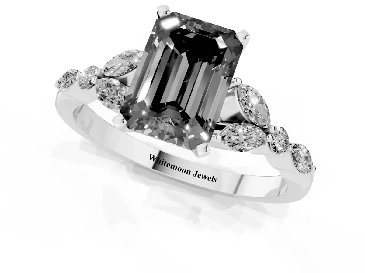 Fancy Black Emerald Cut Diamond Solitaire Ring with Side Stones and Four-Prong Setting Platinum