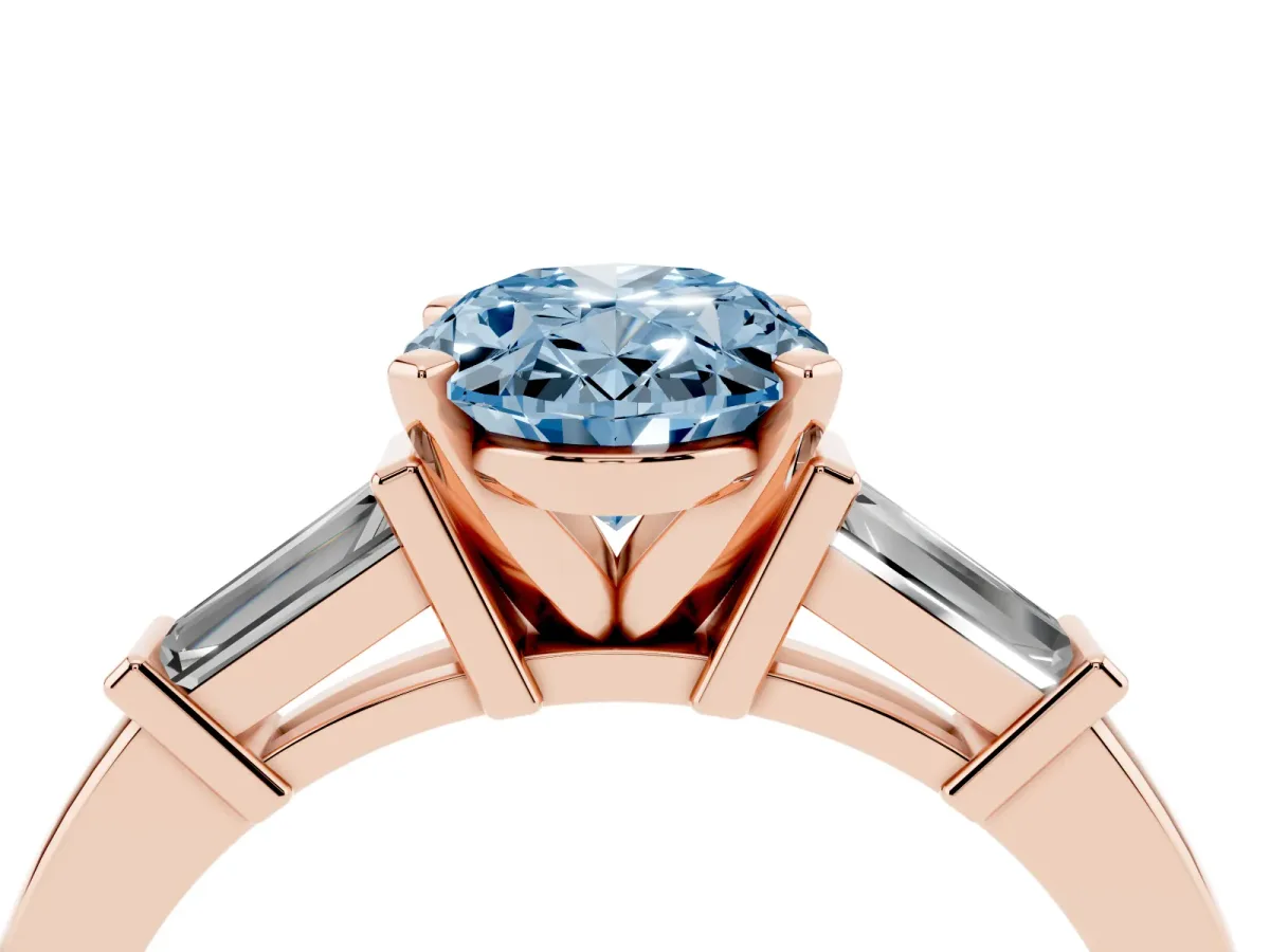 Fancy Blue Oval Cut Cut Diamond Solitaire Ring with Tapered Baguette Accents and Four-Prong Setting Rose gold