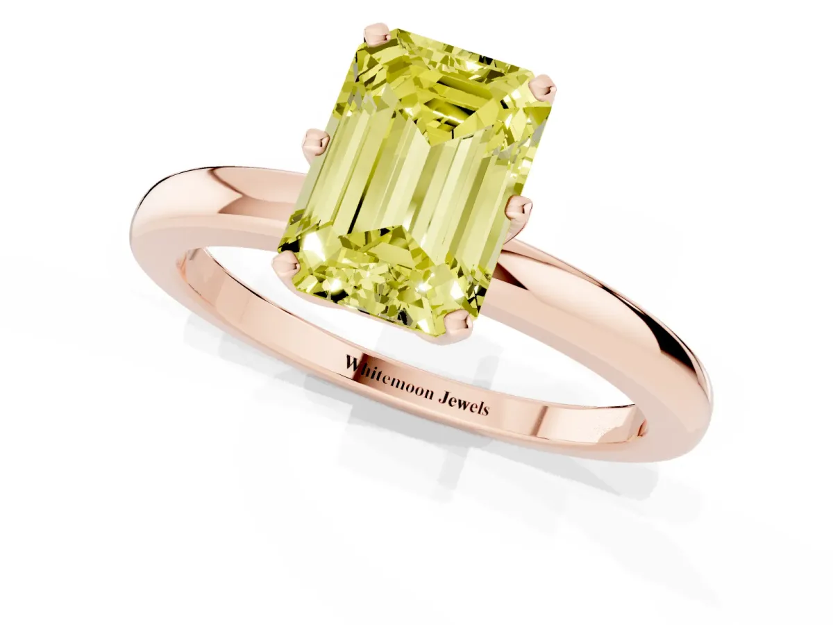 Fancy Yellow Emerald Cut Solitaire Diamond Ring with Six-Prong Setting on a Classic Band Rose gold
