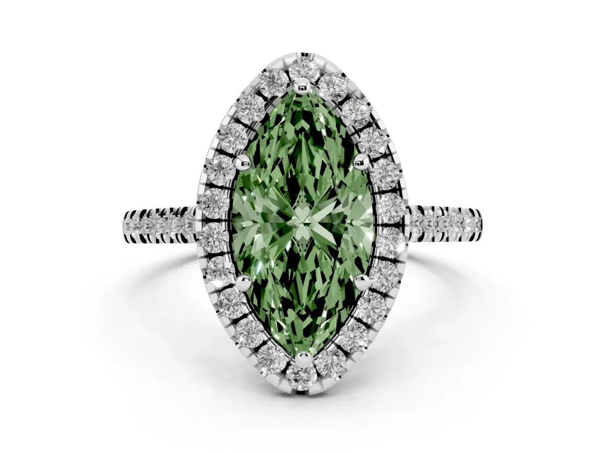 Fancy Green Marquise Cut Diamond Cushion Halo Ring with Pavé Band White gold