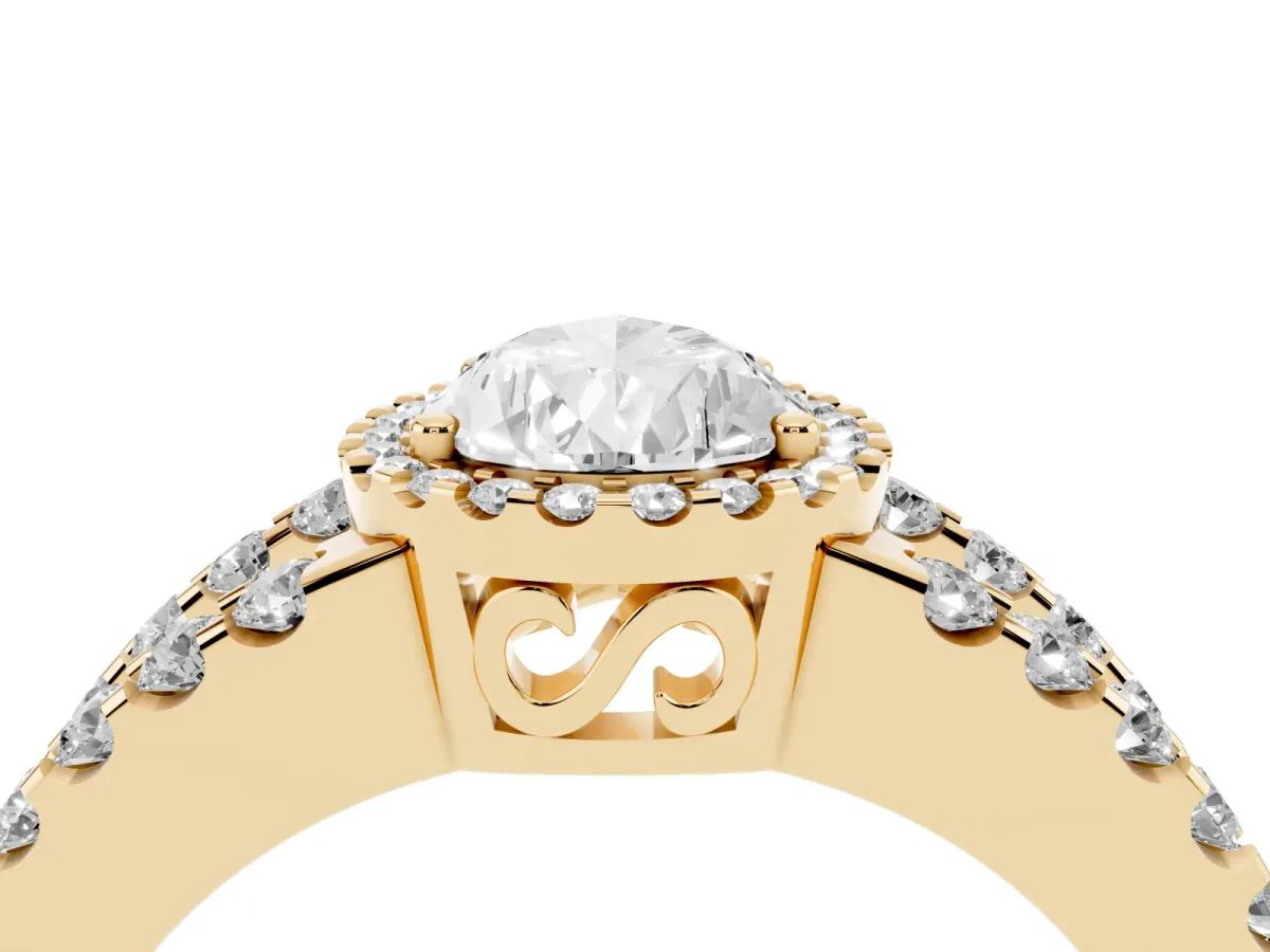 Pear Cut Cut Halo Split Shank Diamond Ring with Four-Prong Setting Yellow gold