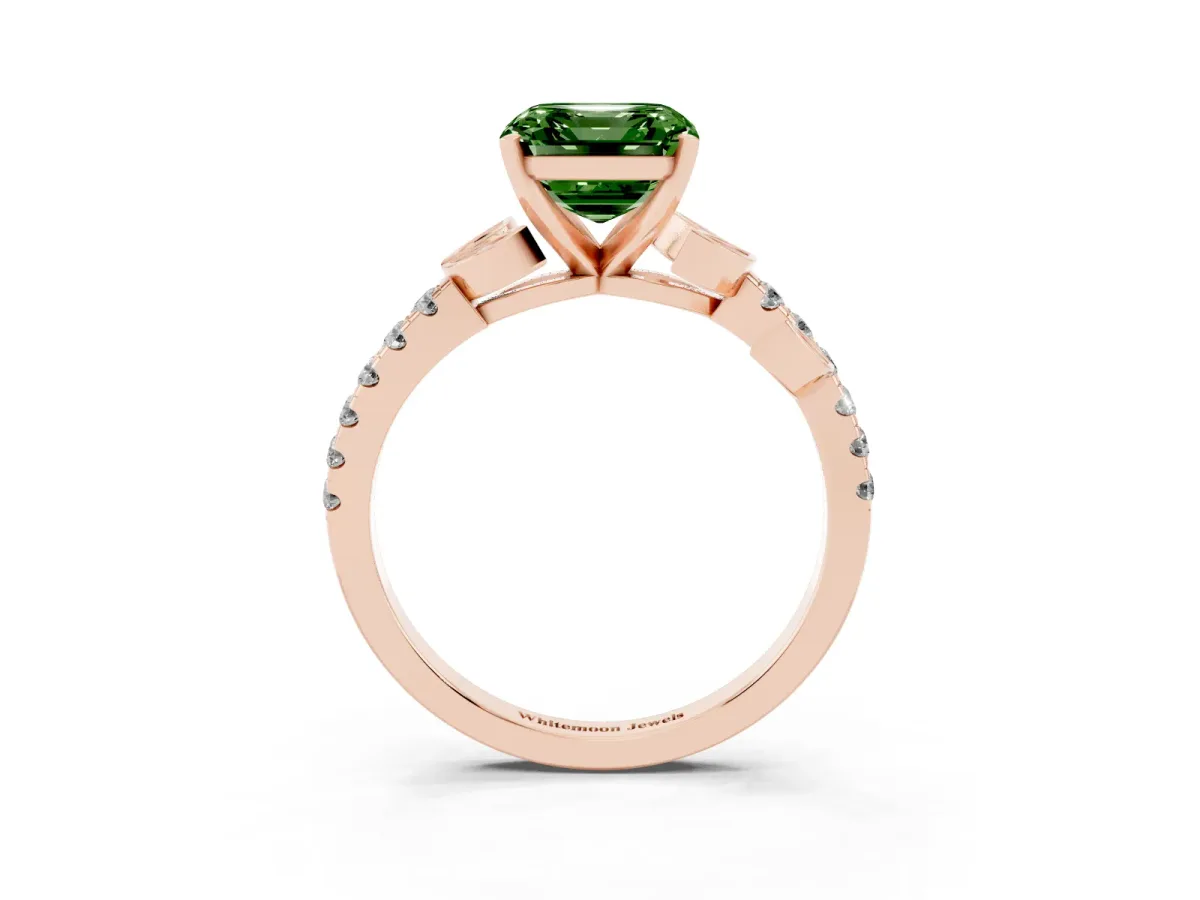 Fancy Green Asscher Cut Solitaire Leaf-Inspired Diamond Ring with Pavé Band and Four-Prong Setting Rose gold