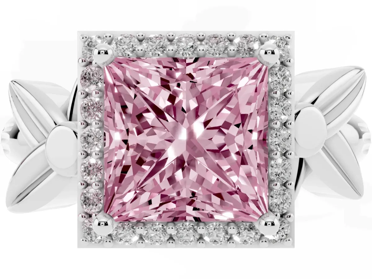 Fancy Pink Princess Cut Halo Diamond Floral Band with Four-Prong Setting Platinum