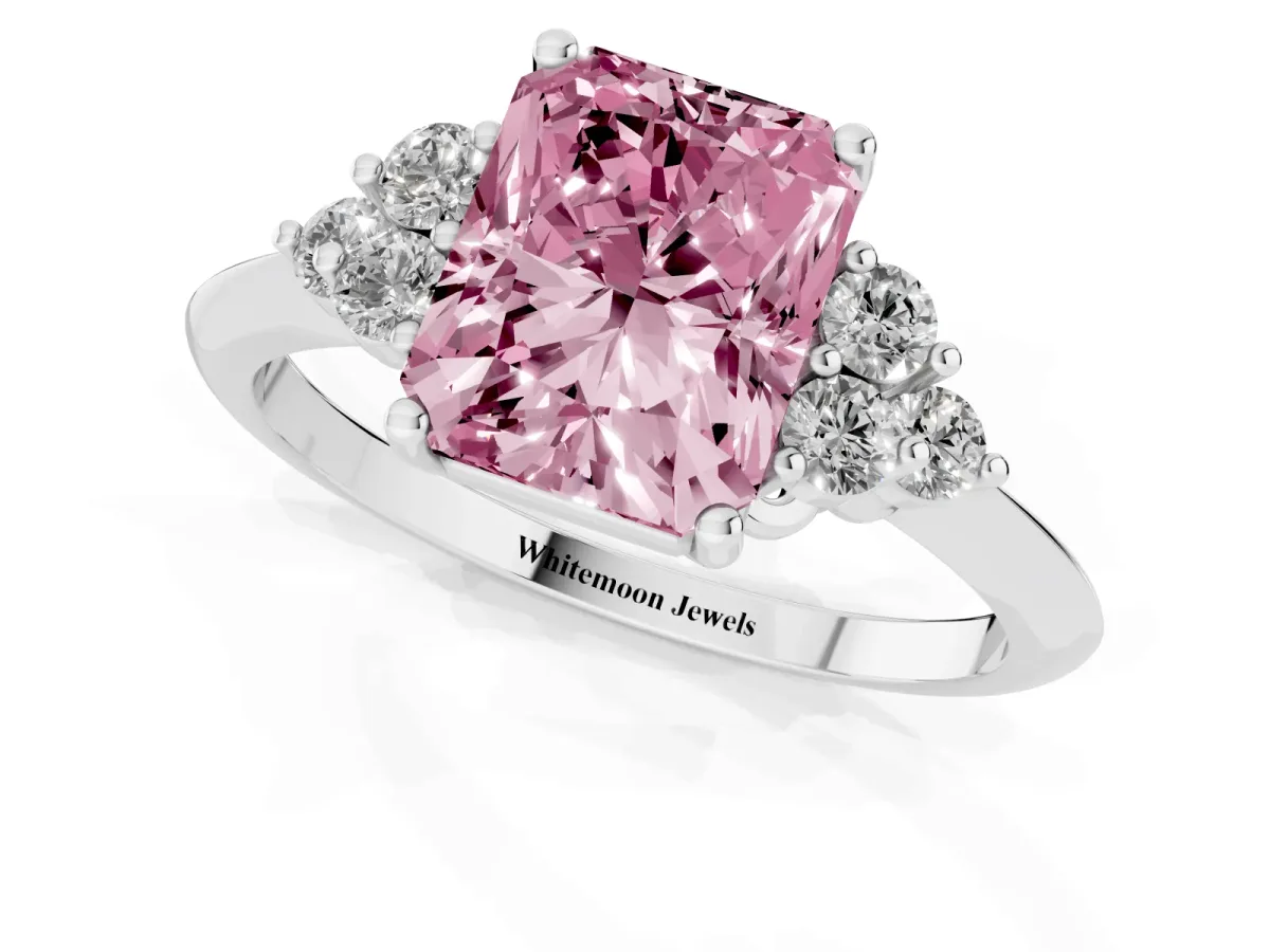 Fancy Pink Radiant Cut Cut Diamond Cluster Ring with Solitaire Band and Four-Prong Setting Silver