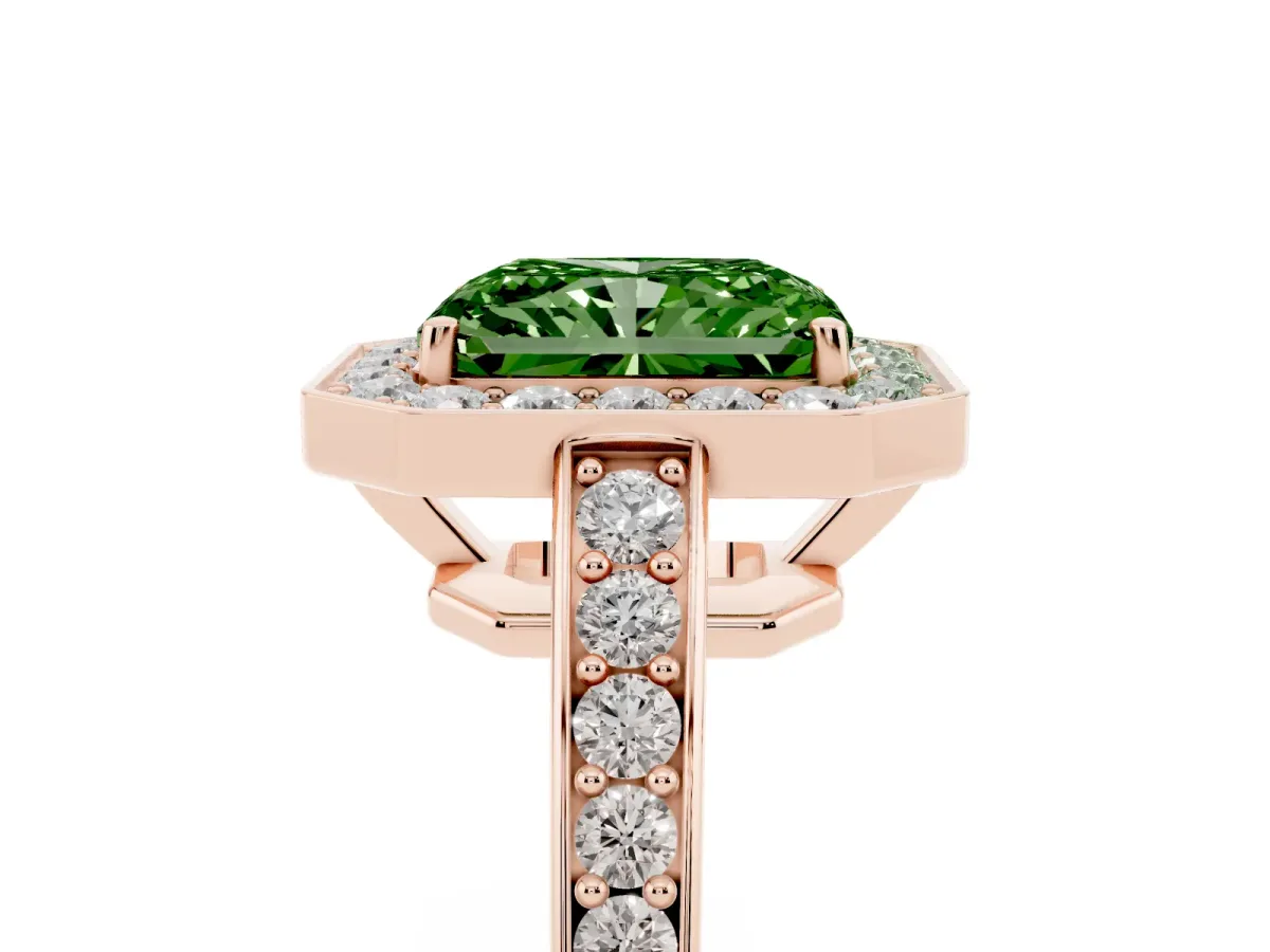 Fancy Green Radiant Cut Halo Pavé Diamond Engagement Ring with Bezel Setting Rose gold