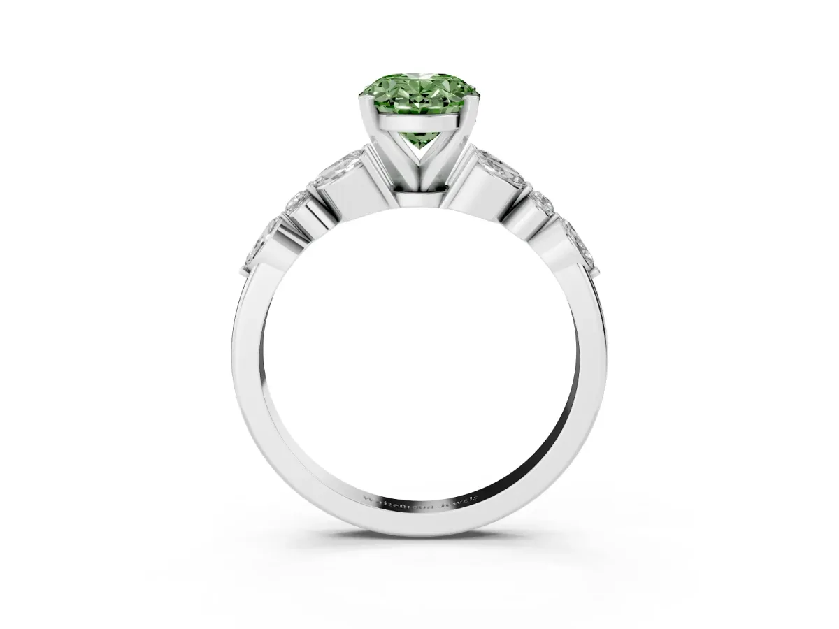 Fancy Green Oval Cut Diamond Solitaire Ring with Side Stones and Four-Prong Setting Silver