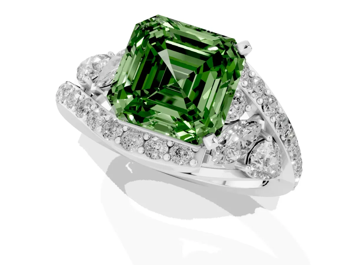 Fancy Green Asscher Cut Diamond Halo Ring with Marquise and Pavé Band in Prong Setting Platinum