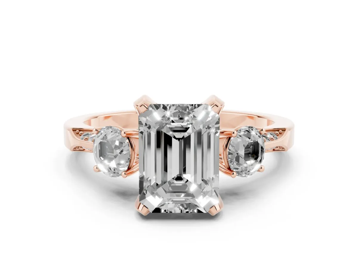Emerald Cut Brilliant Three-Stone Diamond Ring with Pavé Band and Four-Prong Setting Rose gold