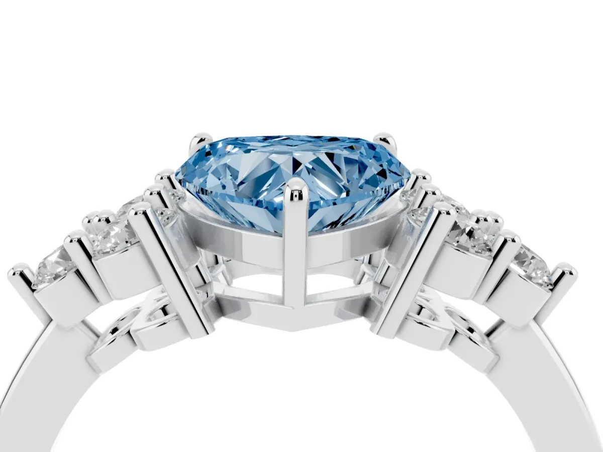 Fancy Blue Heart Cut Brilliant Diamond Cluster Accent Solitaire Ring with Prong Setting Platinum