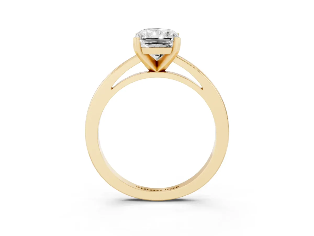 Radiant Cut Solitaire Diamond Engagement Ring with Four-Prong Setting on a Classic Band Yellow gold