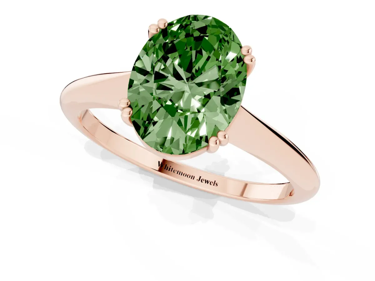 Fancy Green Oval Cut Solitaire Diamond Ring with Six-Prong Setting and Classic Band Rose gold