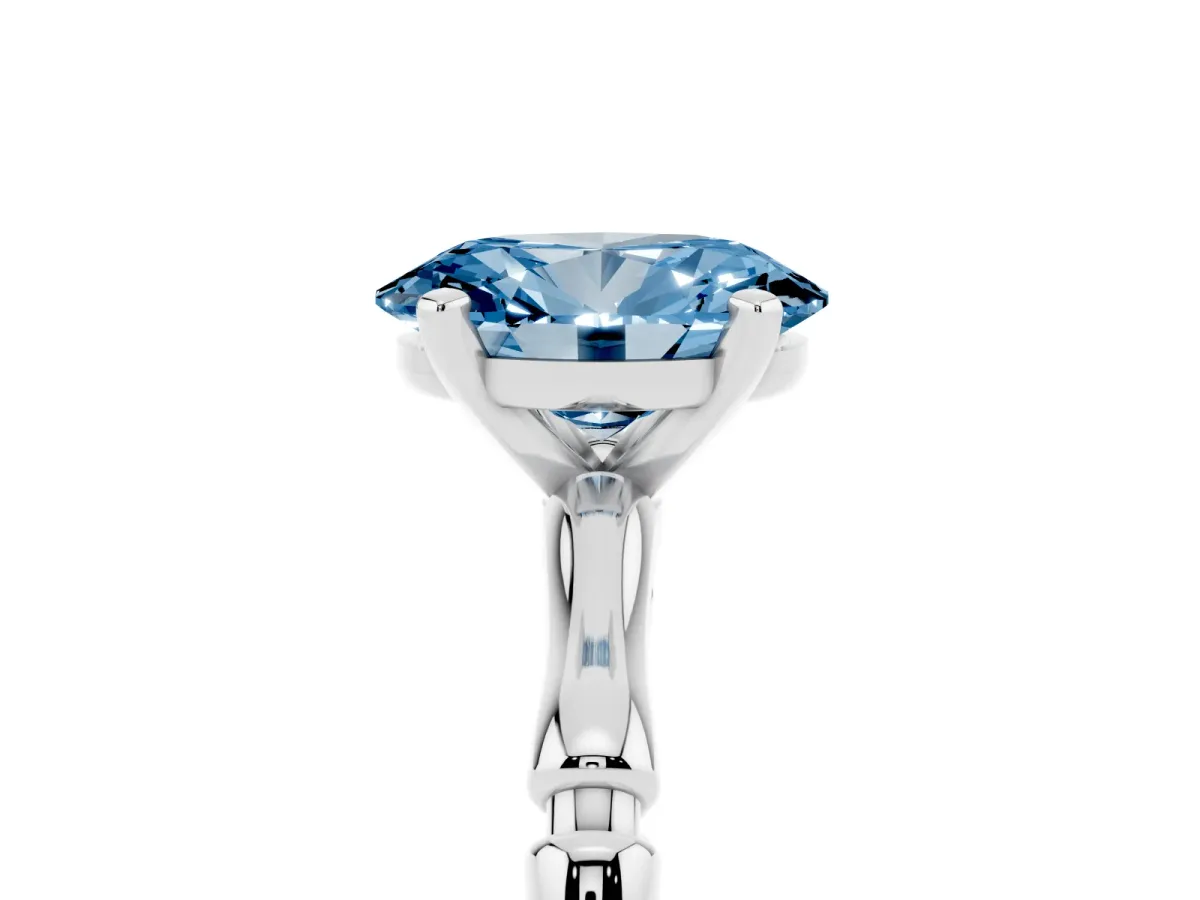 Fancy Blue Oval Cut Solitaire Diamond Ring with Bamboo Band and Four-Prong Setting Silver