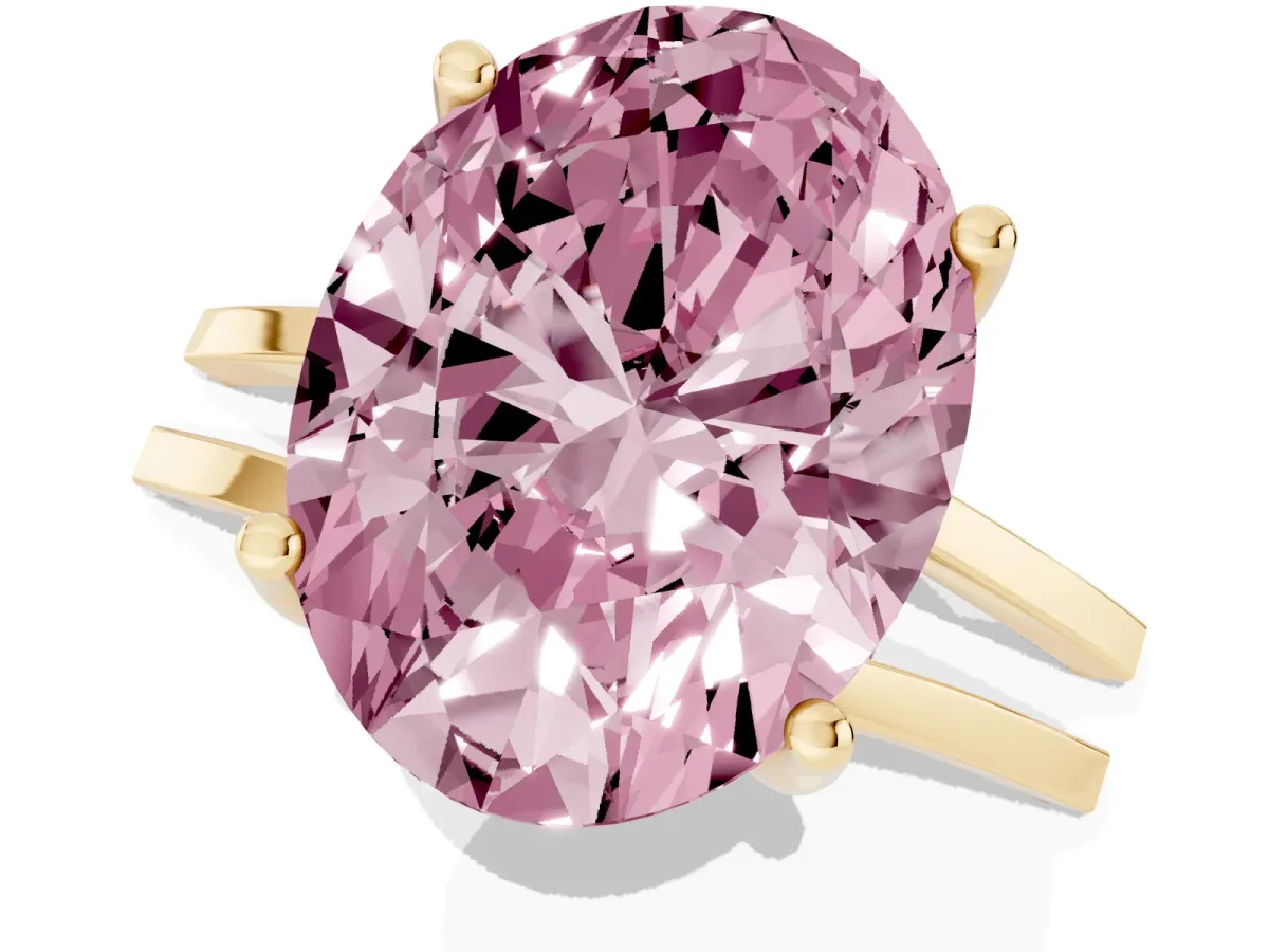 Fancy Pink Oval Cut Cut Diamond Solitaire Engagement Ring with Tapered Plain Band and Four-Prong Setting Yellow gold
