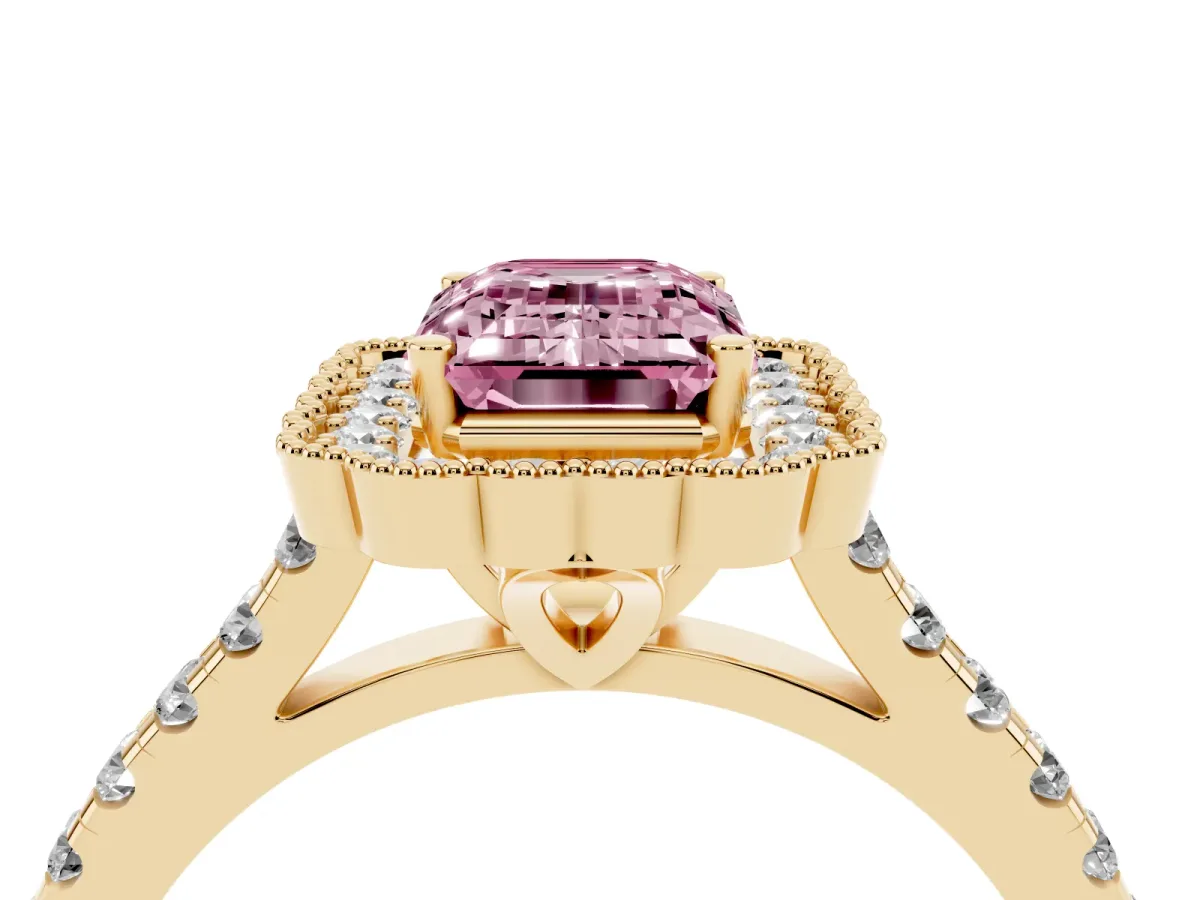 Fancy Pink Emerald Cut Cut Diamond Milgrain Floral Halo Engagement Ring with Pavé Band Yellow gold