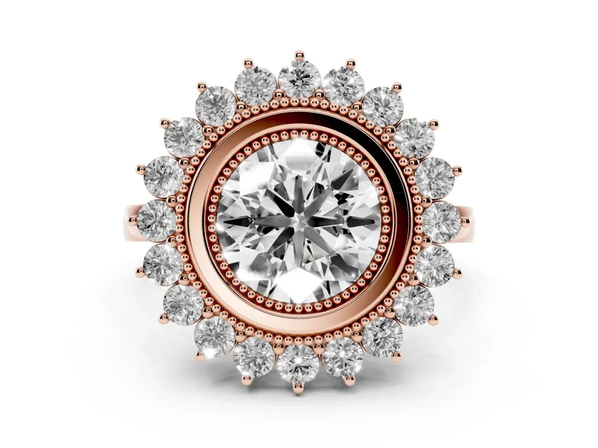 Round Cut Halo Diamond Ring with Milgrain Edge and Round Prong Setting Rose gold