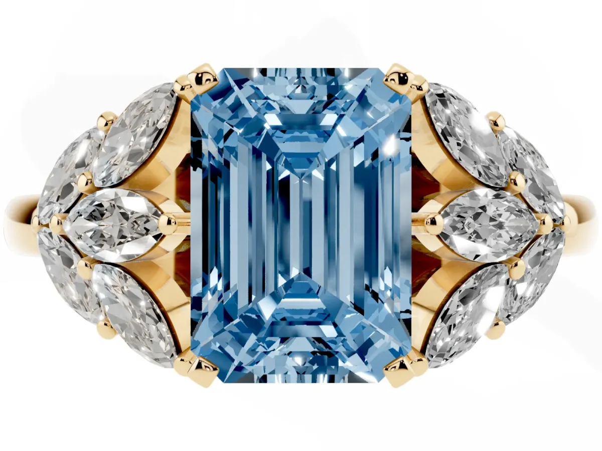 Fancy Blue Emerald Cut Diamond Cluster Leaf Design Ring with Prong Setting Yellow gold