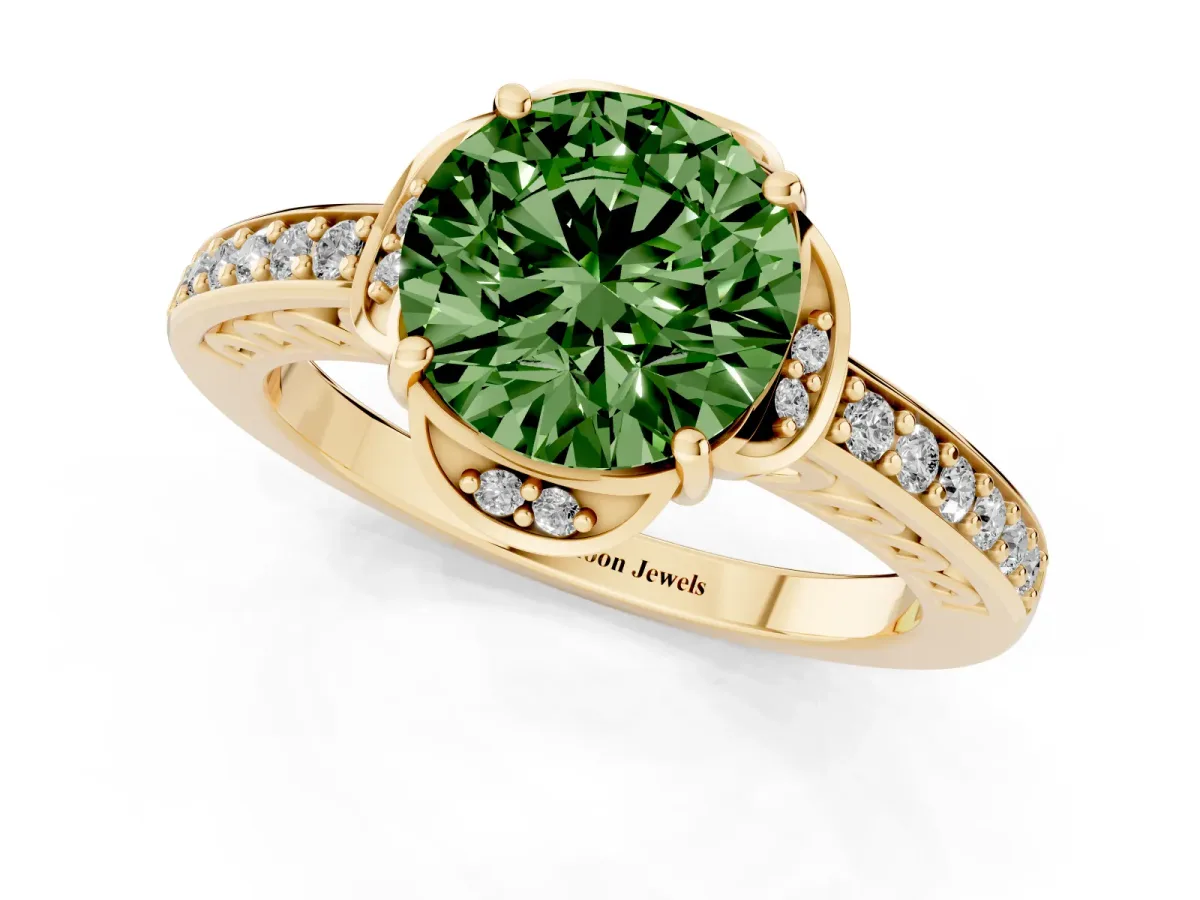 Fancy Green Round Cut Cut Halo Diamond Ring with Channel Set Band and Four-Prong Setting Yellow gold