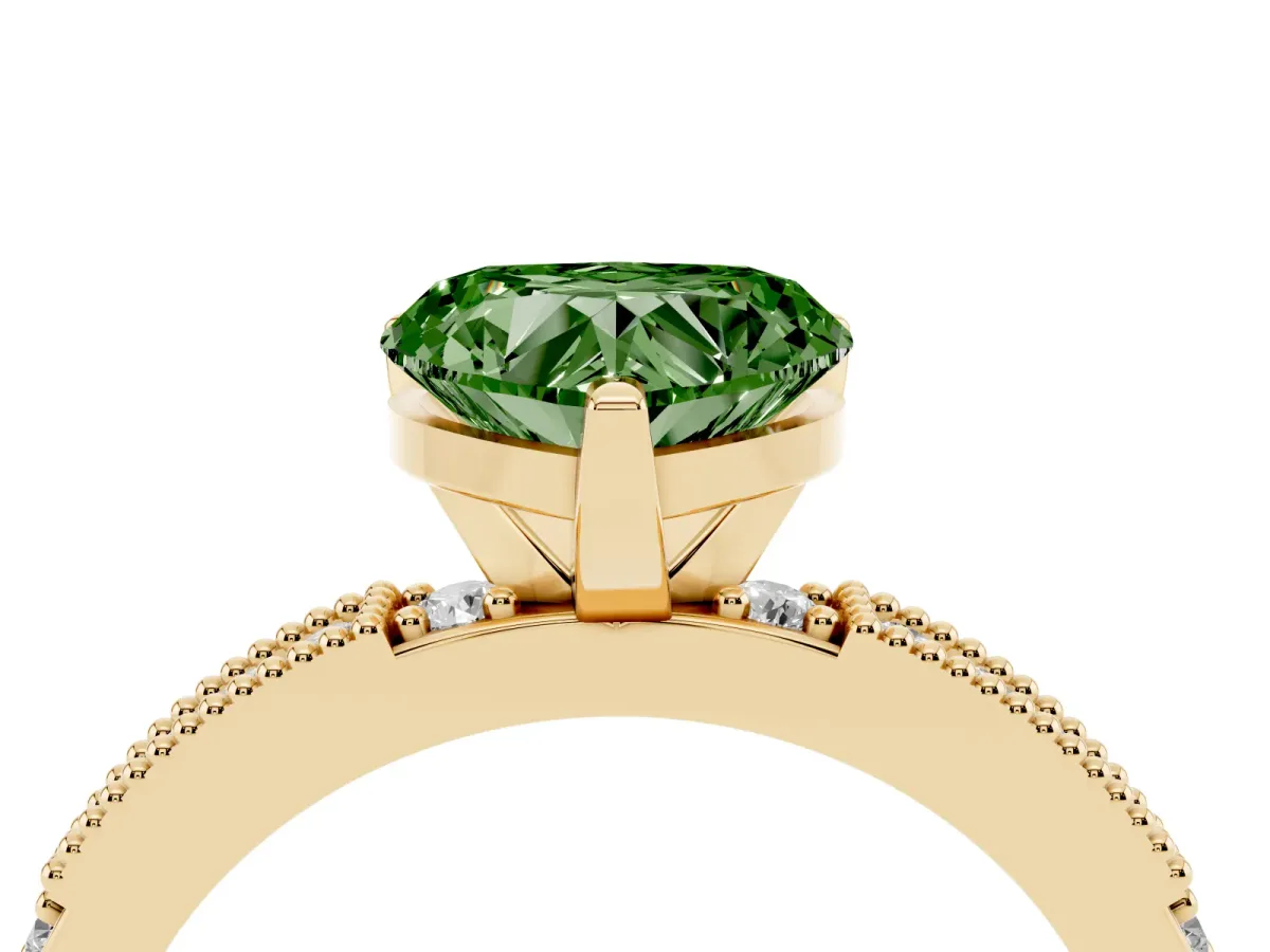 Fancy Green Heart Cut Solitaire with Pavé Band and Four-Prong Setting Yellow gold