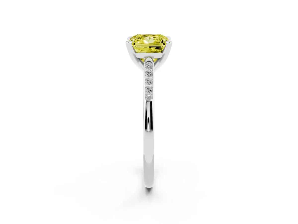 Fancy Yellow Princess Cut Diamond Solitaire Ring with Channel Set Round Band and Prong Setting Platinum