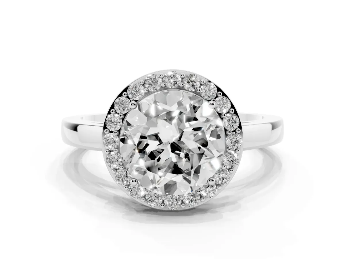 Round Cut Halo Diamond Ring with Solitaire Band and Prong Setting Silver