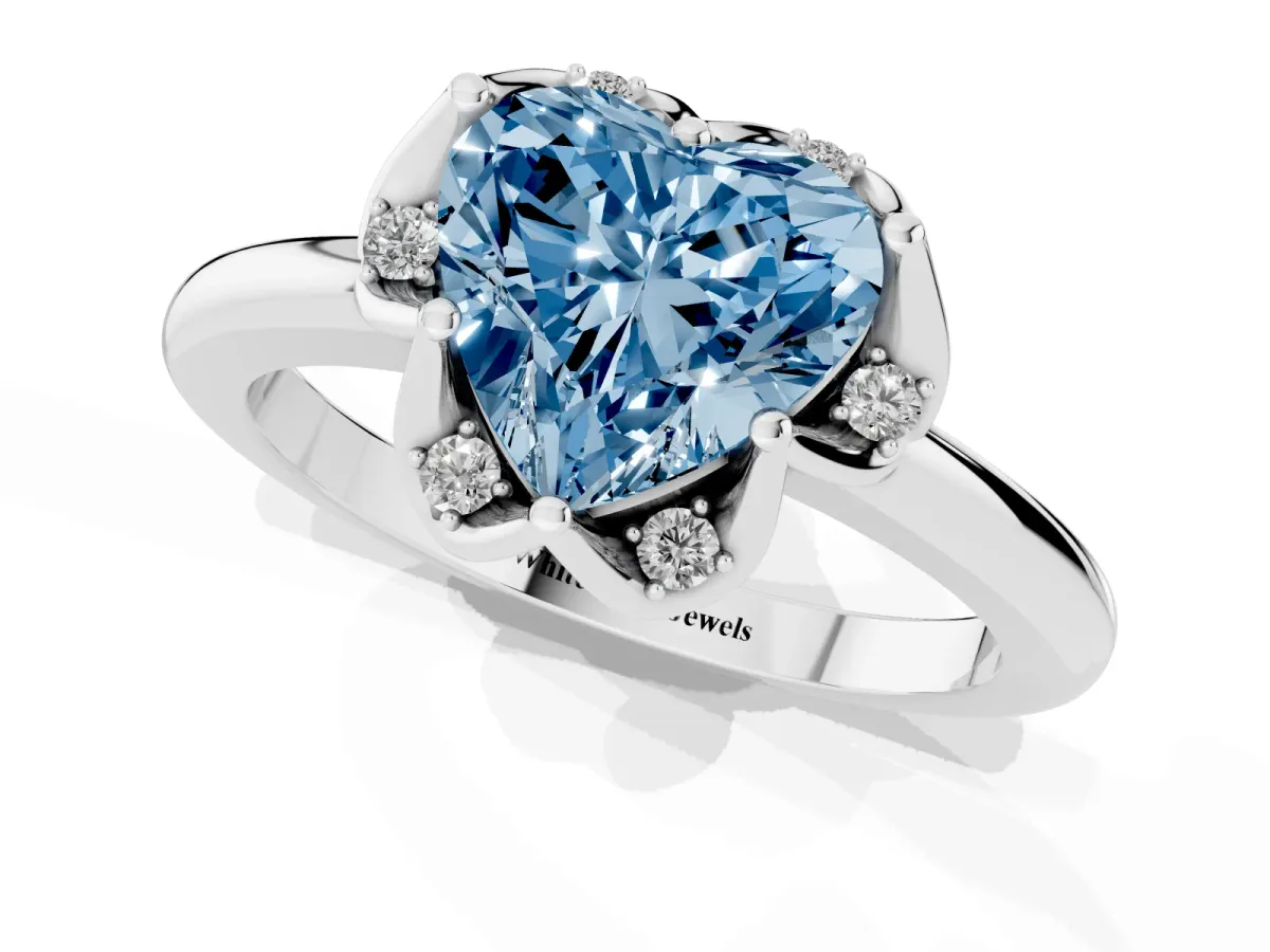 Fancy Blue Heart Cut Halo Diamond Ring with Round Cluster Setting, Solitaire Band, and Four-Prong Setting Platinum