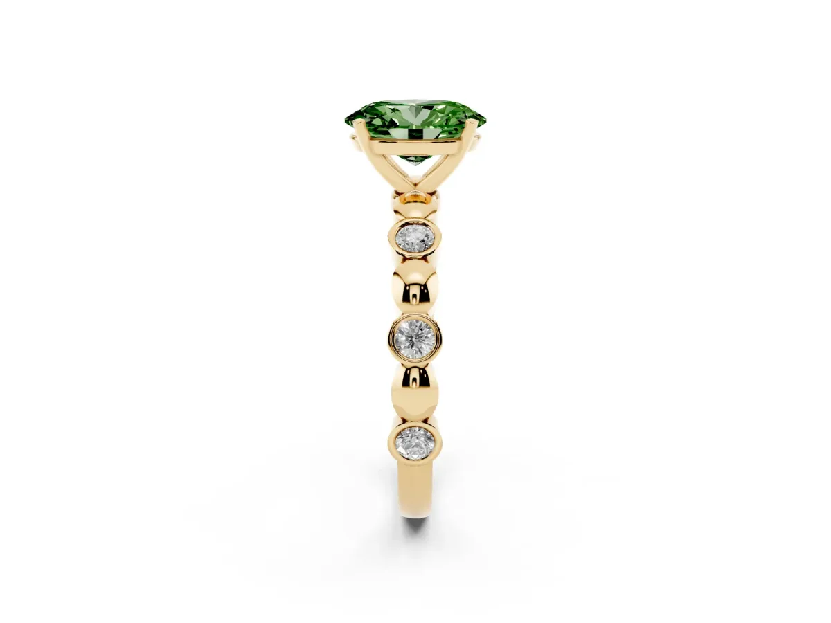 Fancy Green Oval Cut Solitaire Bezel-Set Diamond Ring with Beaded Band and Four-Prong Setting Yellow gold